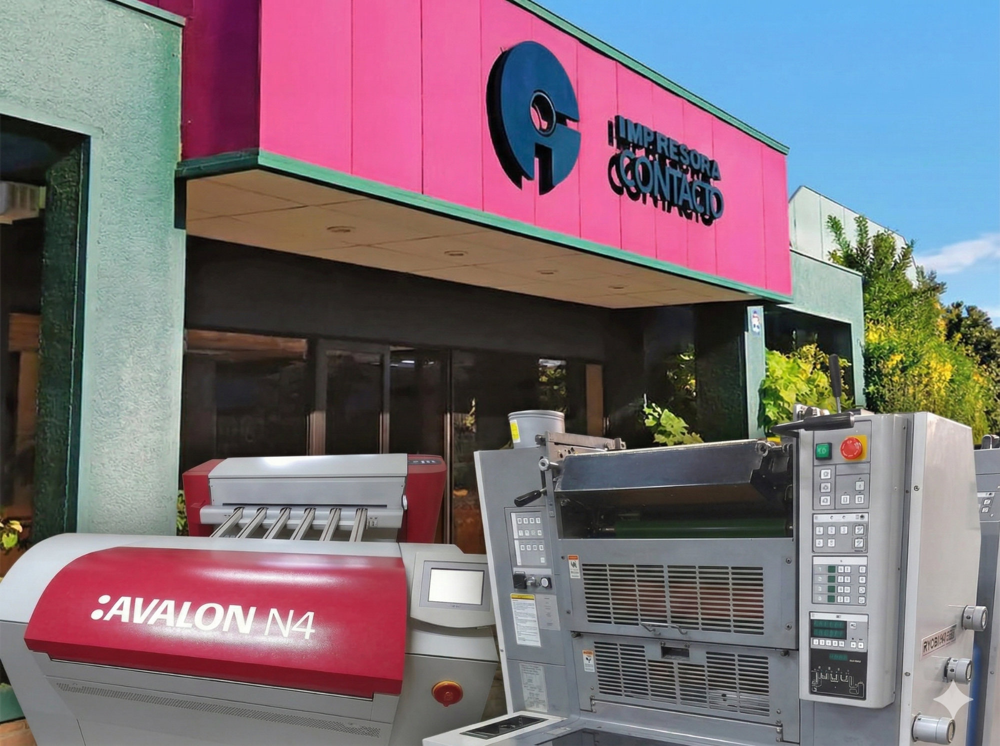 Fachada y maquinaria de Impresora Contacto, imprenta en Talca